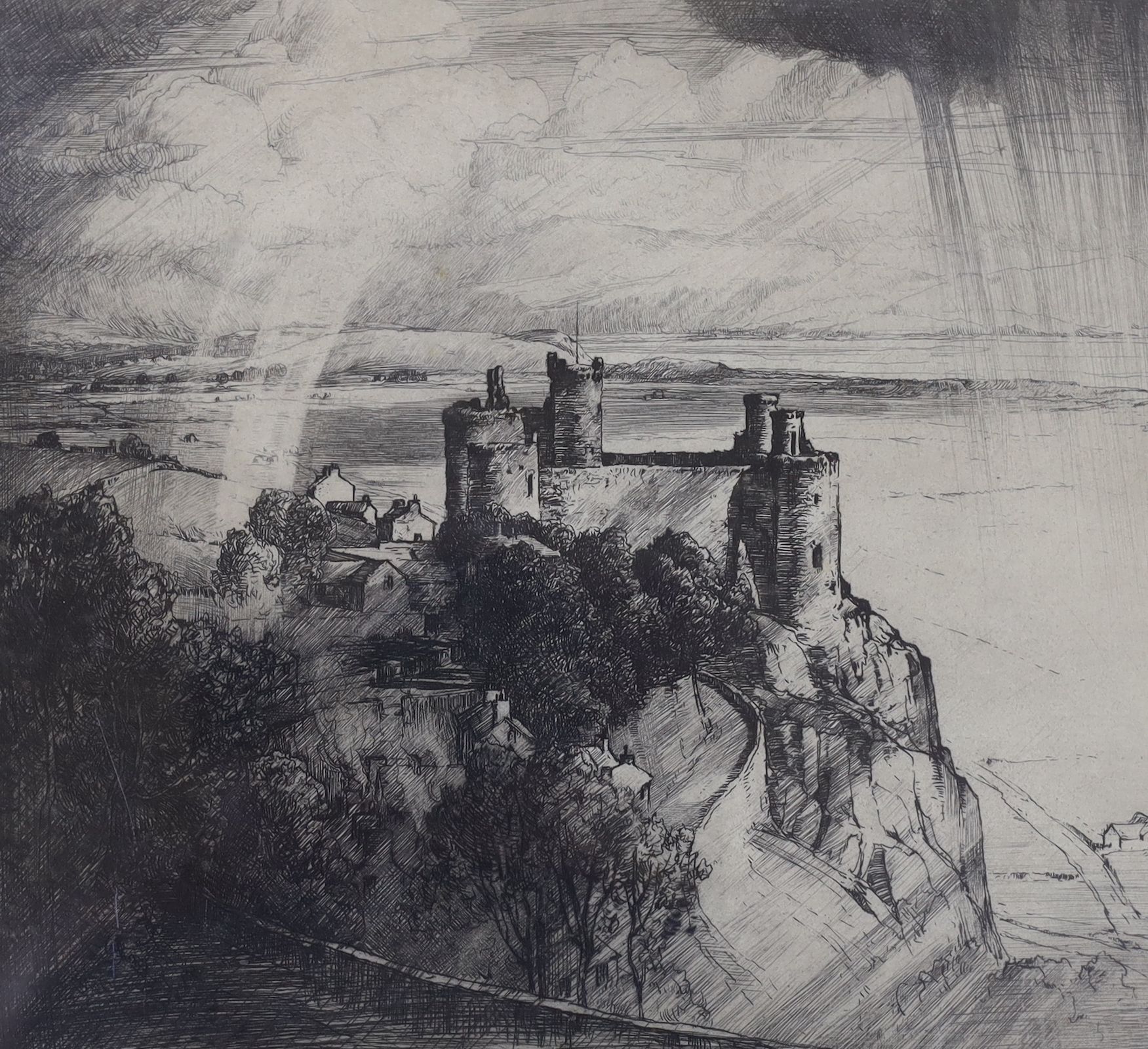 Three drypoint etchings, John Fullwood, 'Laleham-on-Thames', 14 x 18.5cm, and Loch Gates, dated 1923, 20 x 35cm and Harlech Castle by other hands, ...? 24 x 26cm